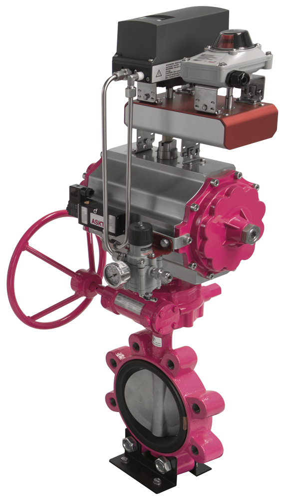 ASKIA<sup><small>®</sup></small> Serie 21 mit Handnotgetriebe, Pneumatikantrieb, Magnetventil, Luftwartungseinheit, Dopplereinheit zur Aufnahme eines elektropneumatischem Stellungsregler und Rückmeldeeinheit